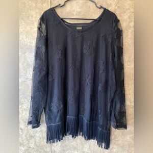 Salon Studio Black Sheer Mesh Floral Fringe Top Plus Size 3X Womens 2 Piece